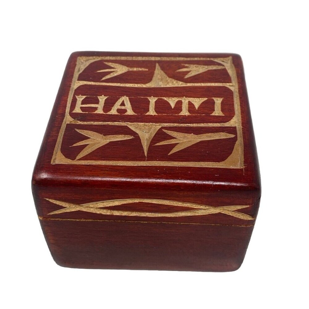 Vintage Haiti Hand Carved Wooden Souvenir Jewelry Trinket Box Haïtien 3x3” Brown